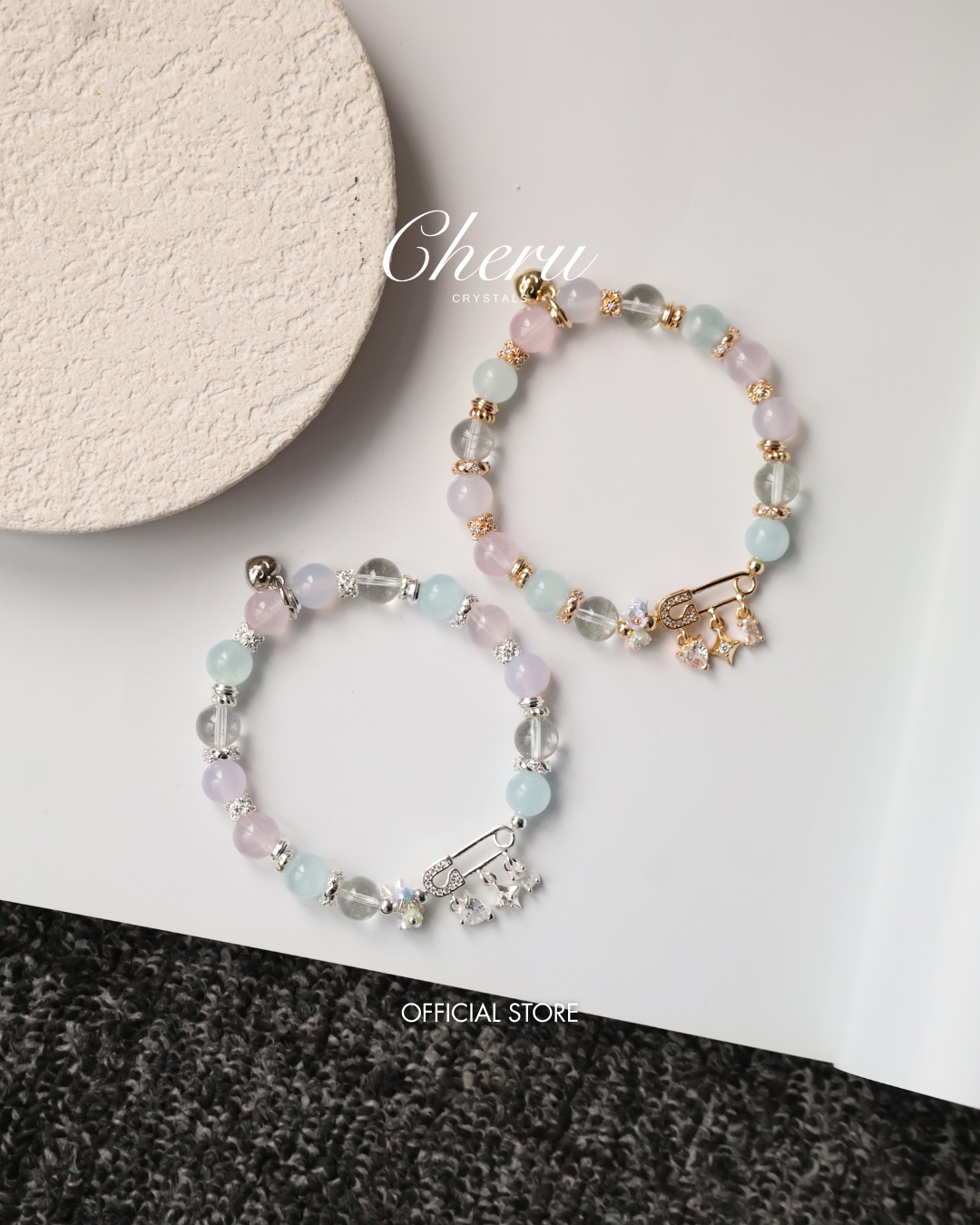 Rose Quartz, Lilac Chalcedony, Aquamarine & Green Phantom Quartz Crystal Bracelet ¡ª Genevieve | 8mm (Safety Pin Charm, Elastic)