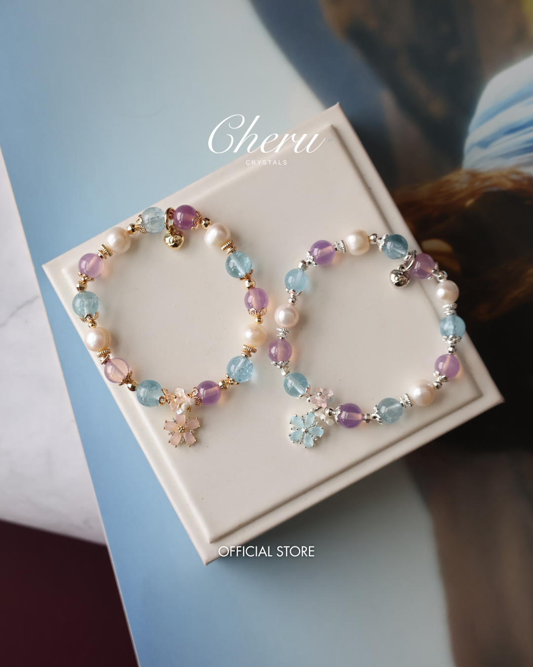 Ruby, Blue Topaz & Freshwater Pearl Crystal Bracelet with Flower Charm ¡ª Arendelle | 8mm (Elastic)