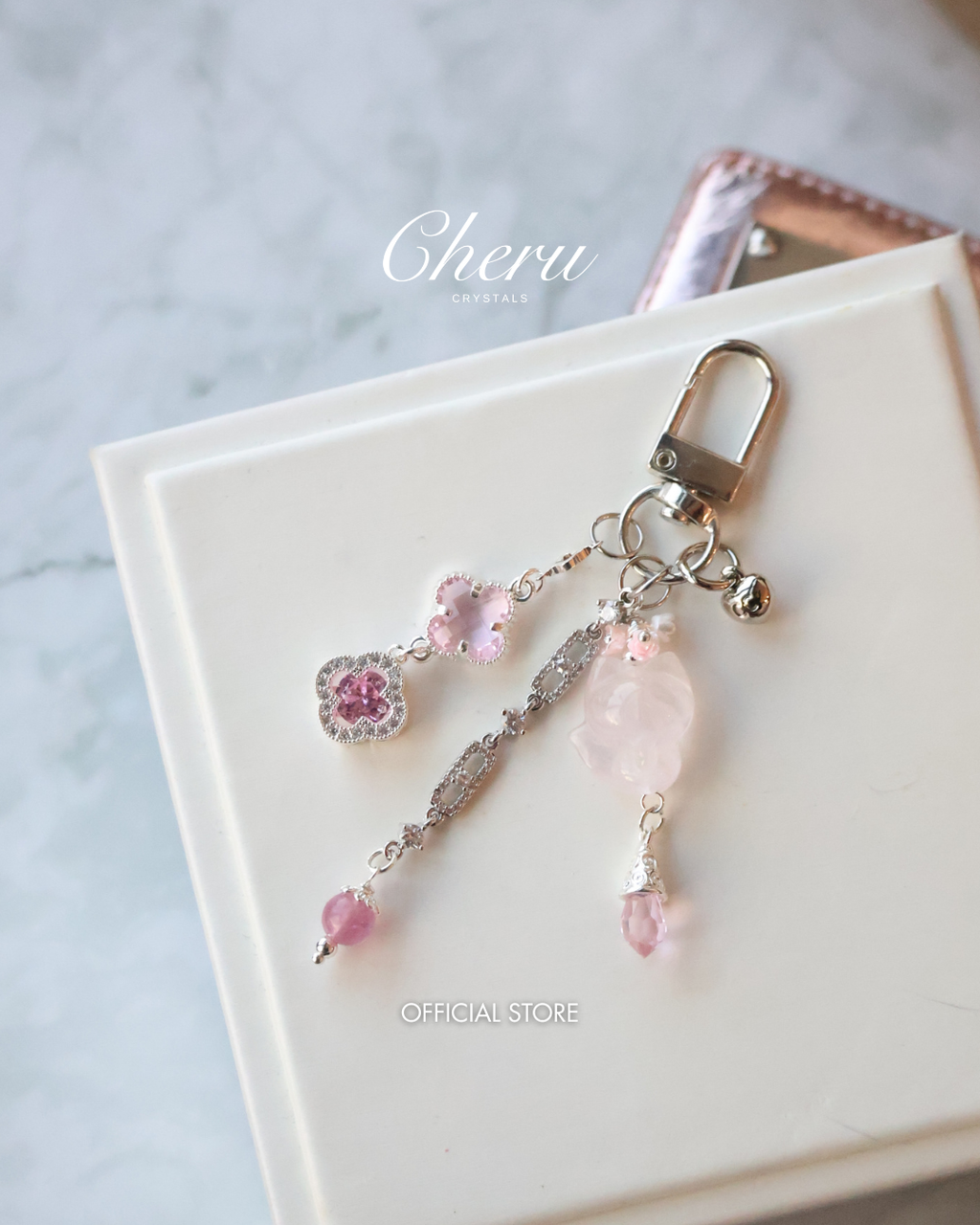 Rose Quartz Nine-Tailed Fox Crystal Keychain with Clover Charm ¡ª Blush Kyubi