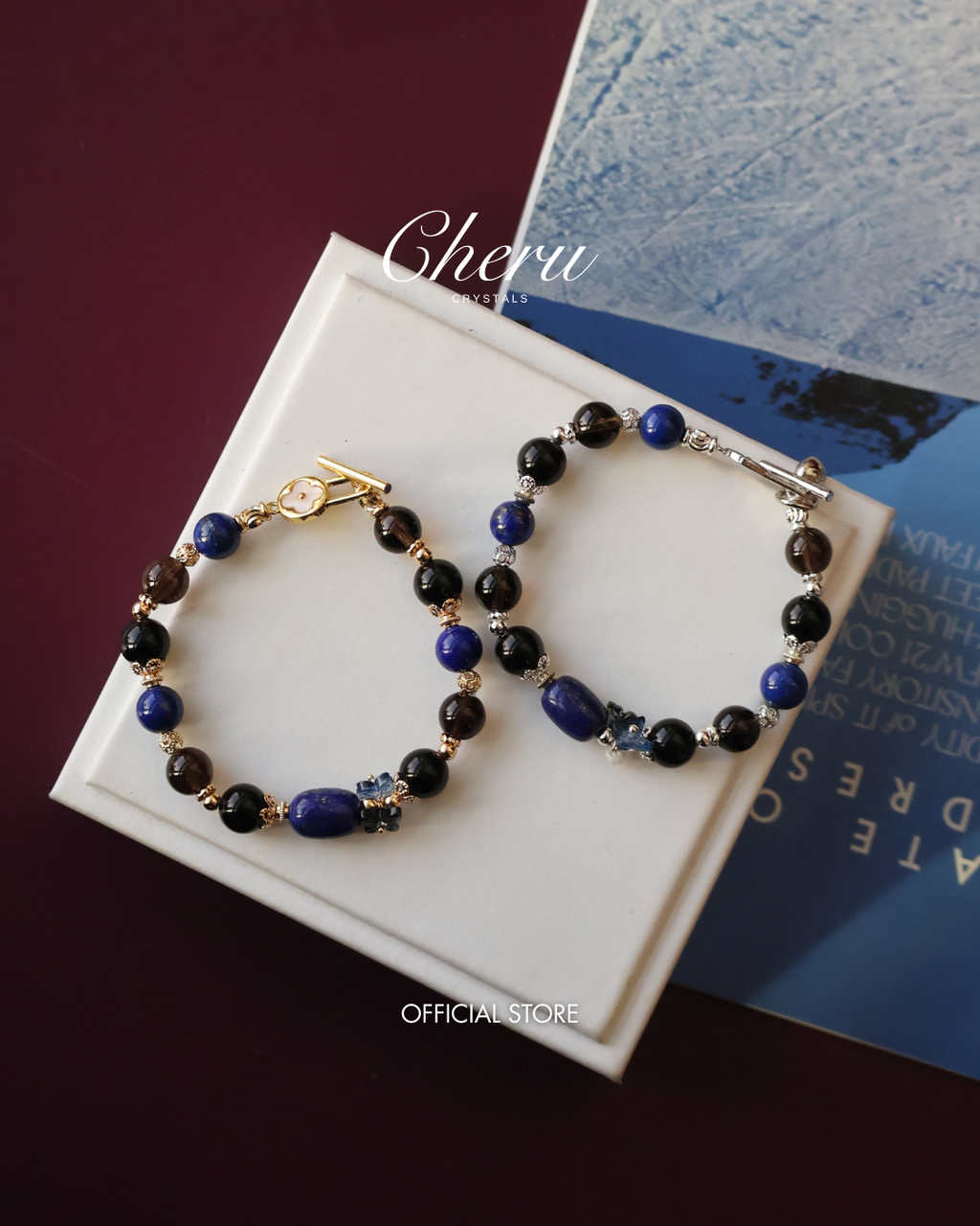 Lapis Lazuli Barrel, Black Obsidian & Smoky Quartz Bracelet ¡ª Lunaris | 8mm (OT Clasp, Elastic)