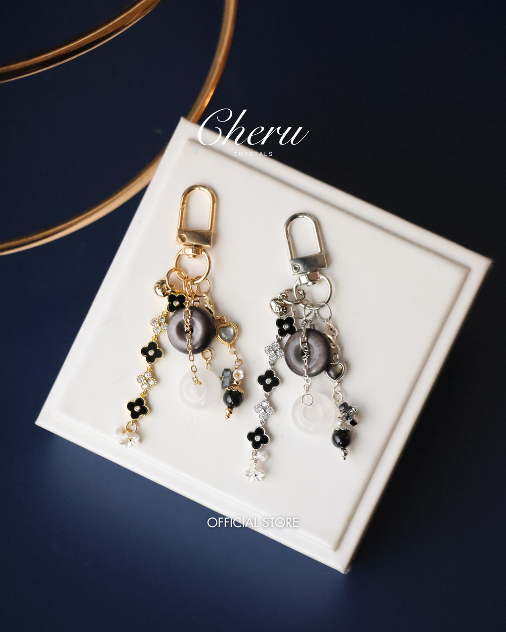 Black Obsidian, White Phantom Quartz & Hypersthene Crystal Keychain ¡ª Amorette Clover Ping An Kou