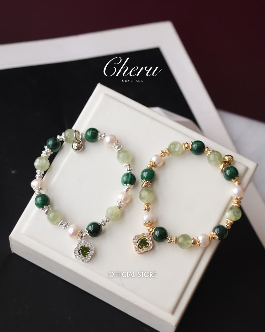 Malachite, Green Emerald Mica & Freshwater Pearl Crystal Bracelet ¡ª Cordelia Twin Sparkly Clover | 8mm + 10mm (Elastic)
