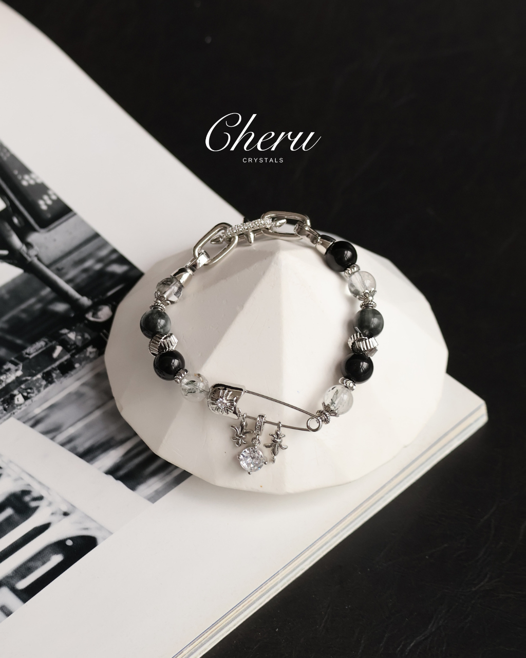 Grey Tiger¡¯s Eye, Black Obsidian & Herkimer Diamond ¡ª Chroel| 8mm (Elastic)