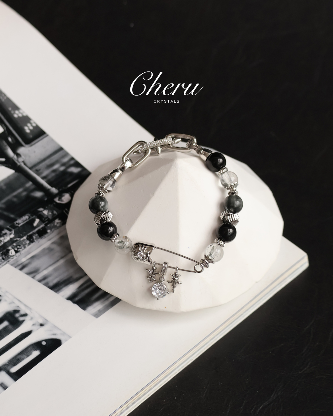 Grey Tiger¡¯s Eye, Black Obsidian & Herkimer Diamond ¡ª Chroel| 8mm (Elastic)