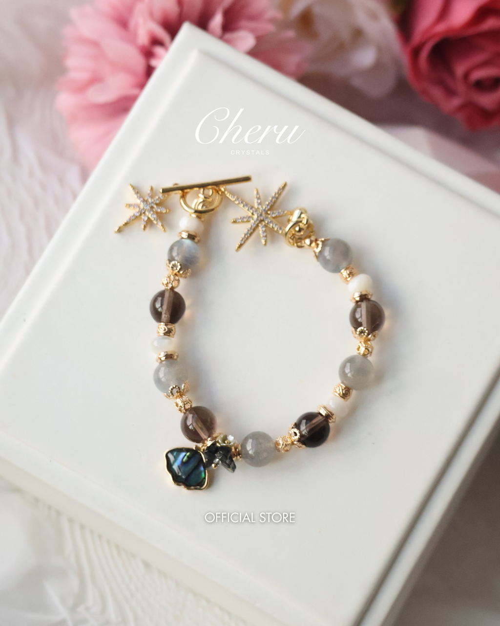 *Luna&Lithoss* Ursula - 8mm OT Clasp with Blue Seashell Charm: Labradorite, Smoky Quartz & White Conch(Elastic) Gold