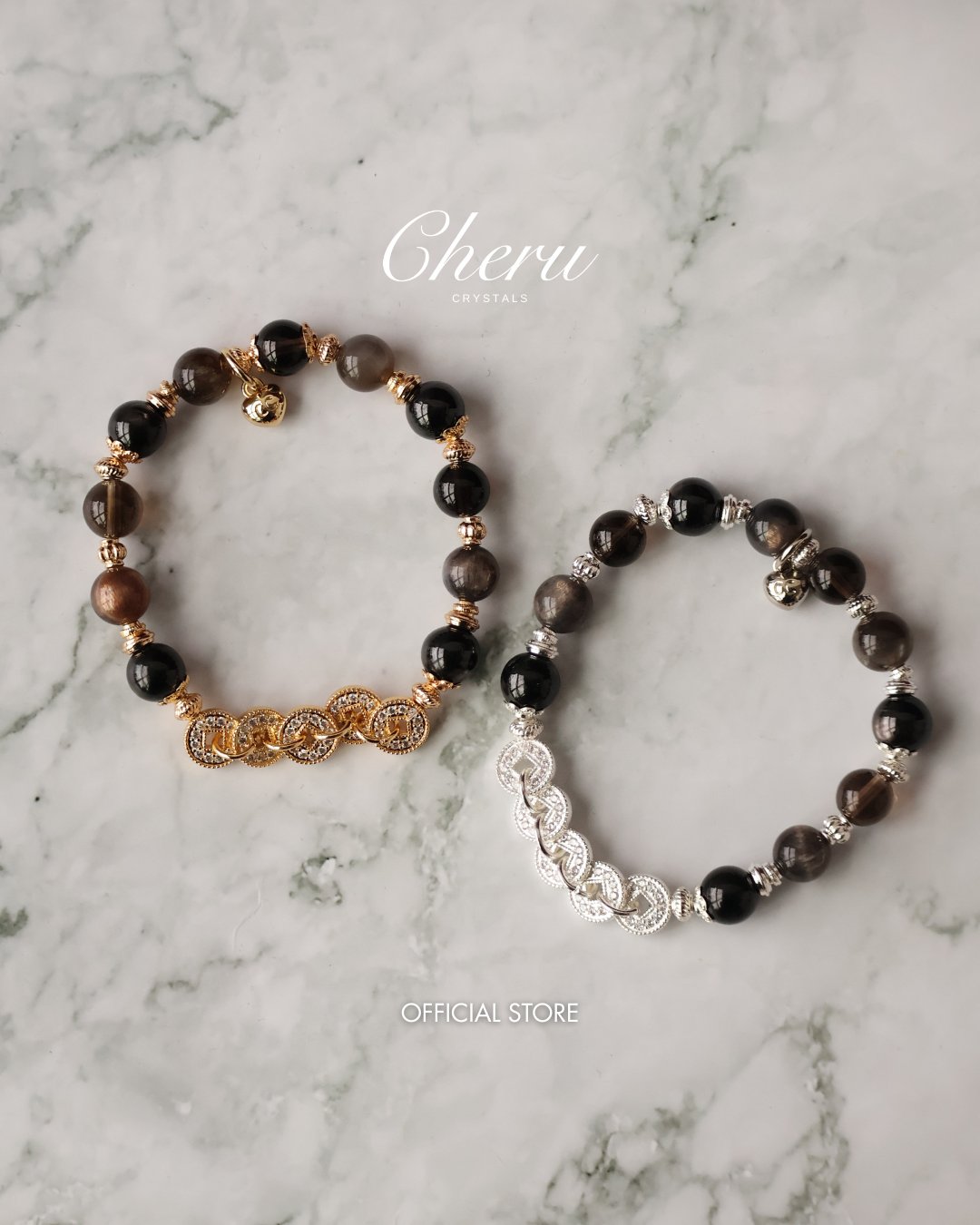 Hypersthene, Smoky Quartz & Black Skeletal Sunstone Crystal Bracelet ¡ª Fengshui Coins Vincere | 8mm (Elastic)
