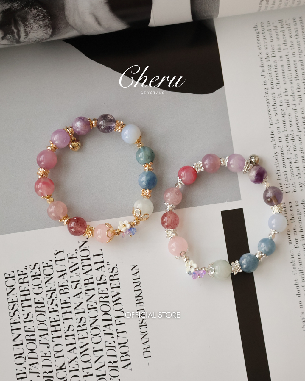 Rose Quartz, Strawberry Quartz, Pink Purple Emerald Mica, Lavender Rose Quartz, Amethyst, Purple Emerald Mica, Kunzite, Blue Chalcedony, Devil Blue Aquamarine, Blue Kyanite & Milky Aquamarine ¡ª Duobao (Multi Gems) with Bouquet | 10mm (Elastic)