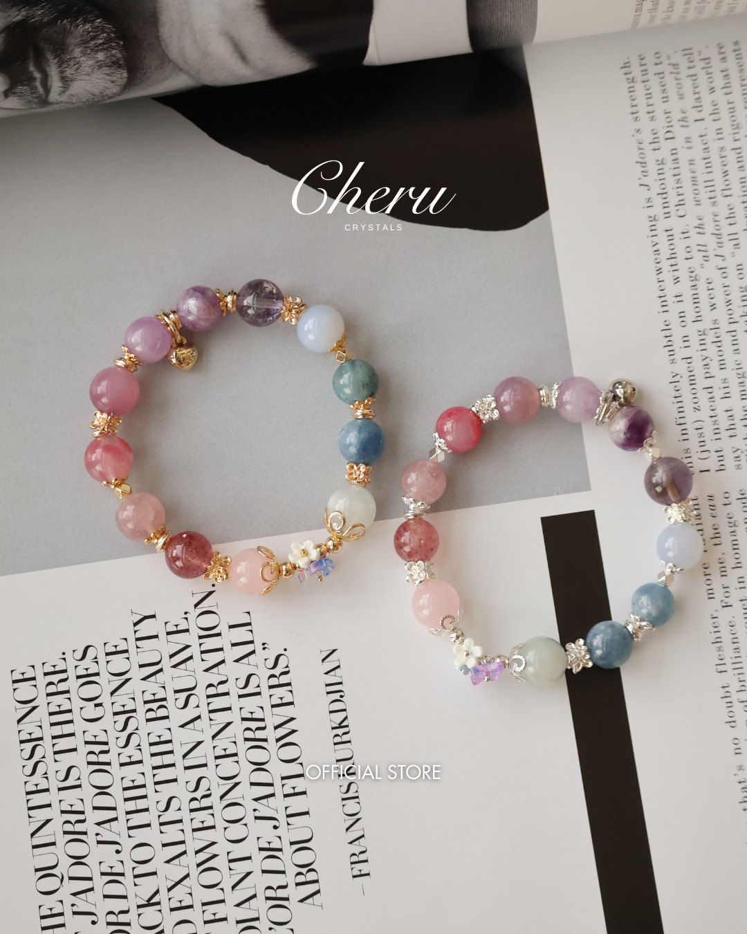 Rose Quartz, Strawberry Quartz, Pink Purple Emerald Mica, Lavender Rose Quartz, Amethyst, Purple Emerald Mica, Kunzite, Blue Chalcedony, Devil Blue Aquamarine, Blue Kyanite & Milky Aquamarine ¡ª Duobao (Multi Gems) with Bouquet | 10mm (Elastic)