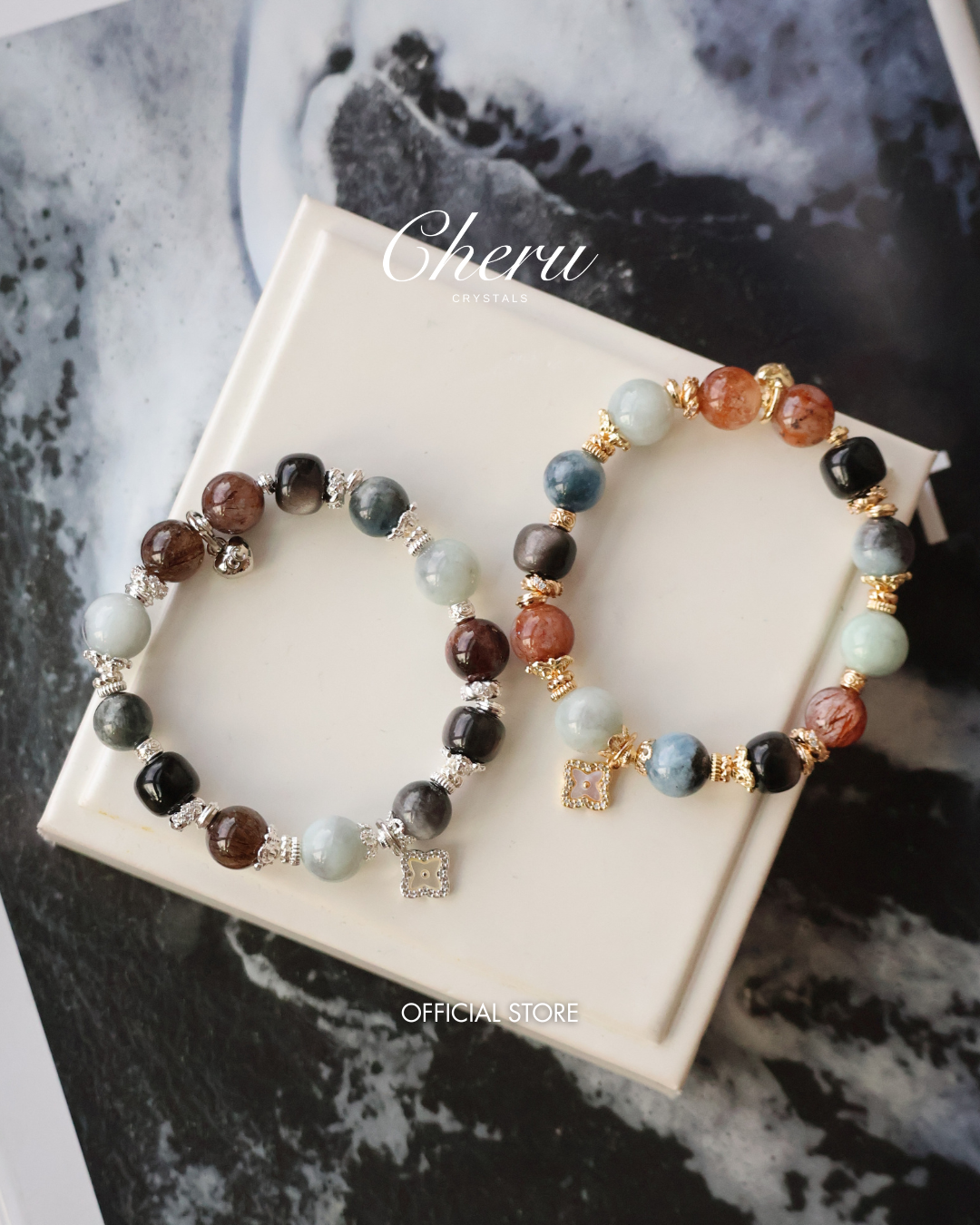 Black Obsidian, Black Gold Super 7, Devil Blue Aquamarine & Wuji Jadeite Crystal Bracelet with Clover Charm ¡ª The Luxe Edit | 10mm (Elastic)