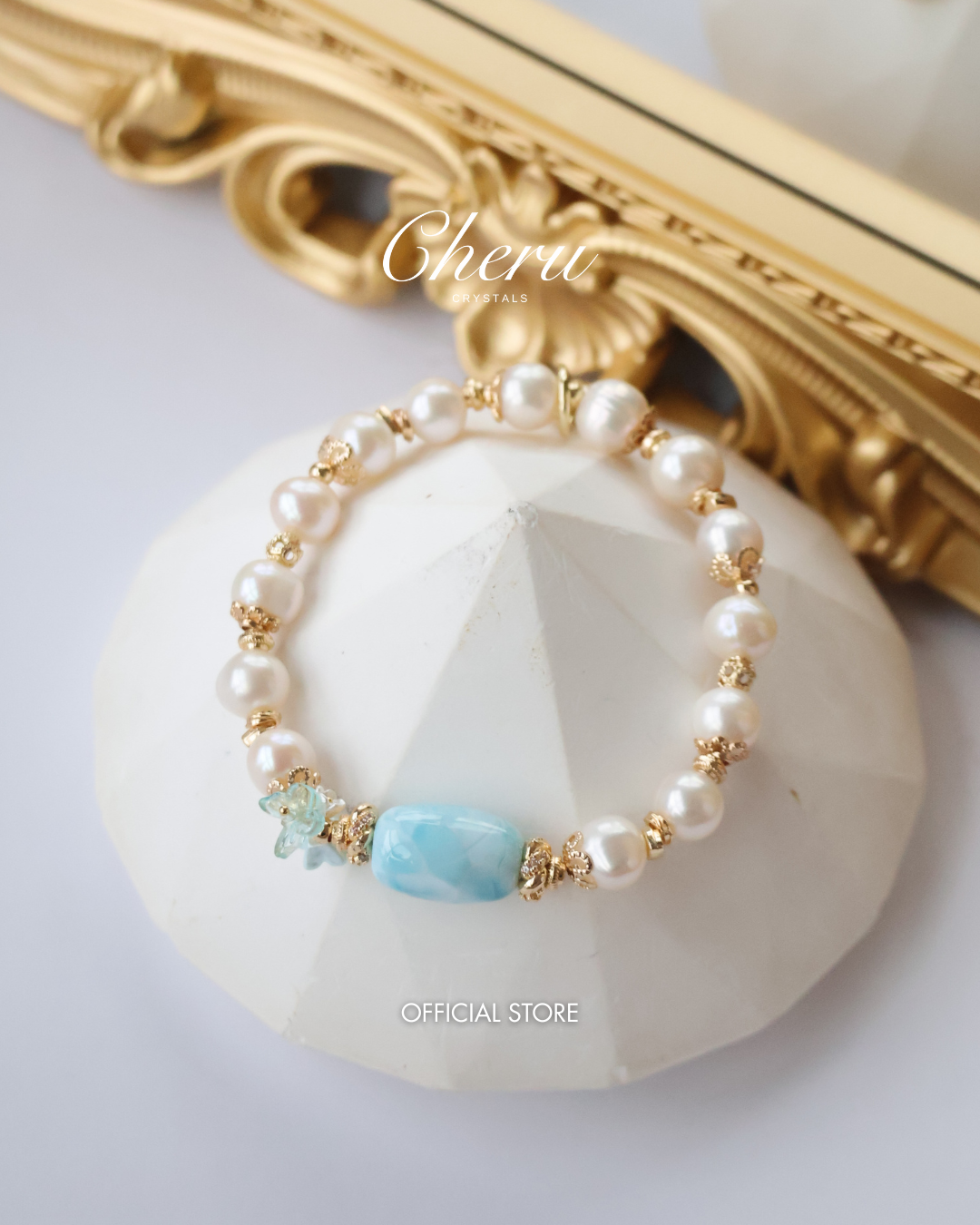 *Luna&Lithoss* 8-9mm Fresh Water Pearl & Larimar Barrel with Bouquet