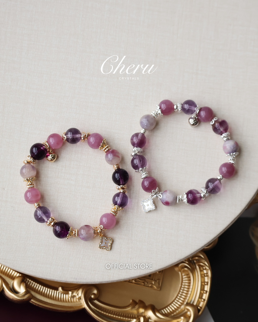 Lavender Rose Quartz, Amethyst, Unicorn Stone & Purple Fluorite Crystal Bracelet with Clover Charm ¡ª The Luxe Edit  | 10mm (Elastic)