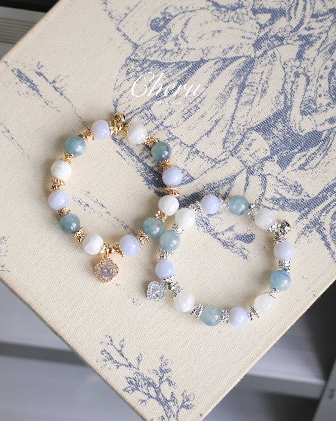Blue Kyanite, Blue Lace Agate & White Phantom Quartz with Sparkly Clover ¡ª Monet Cordelia Twin Crystal Bracelet | 10mm (Elastic)