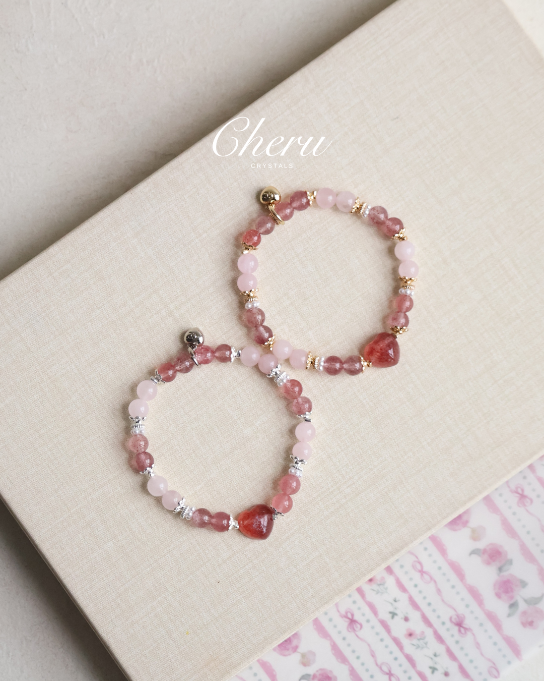 Rose Quartz, Strawberry Quartz with Heart Carving ¡ª Dain | 6mm (Elastic)