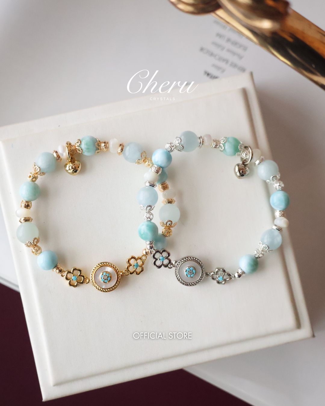 *Luna&Lithoss* Grand Blue 8mm - Larimar, White Conch, Aquamarine (Elastic)