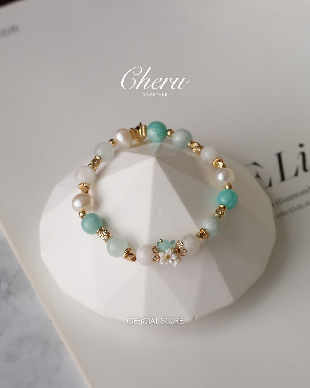 Amazonite, Freshwater Pearl, Aquamarine & Snow Garden Rose Quartz Crystal Bracelet ¡ª Freina | 8mm (Elastic)