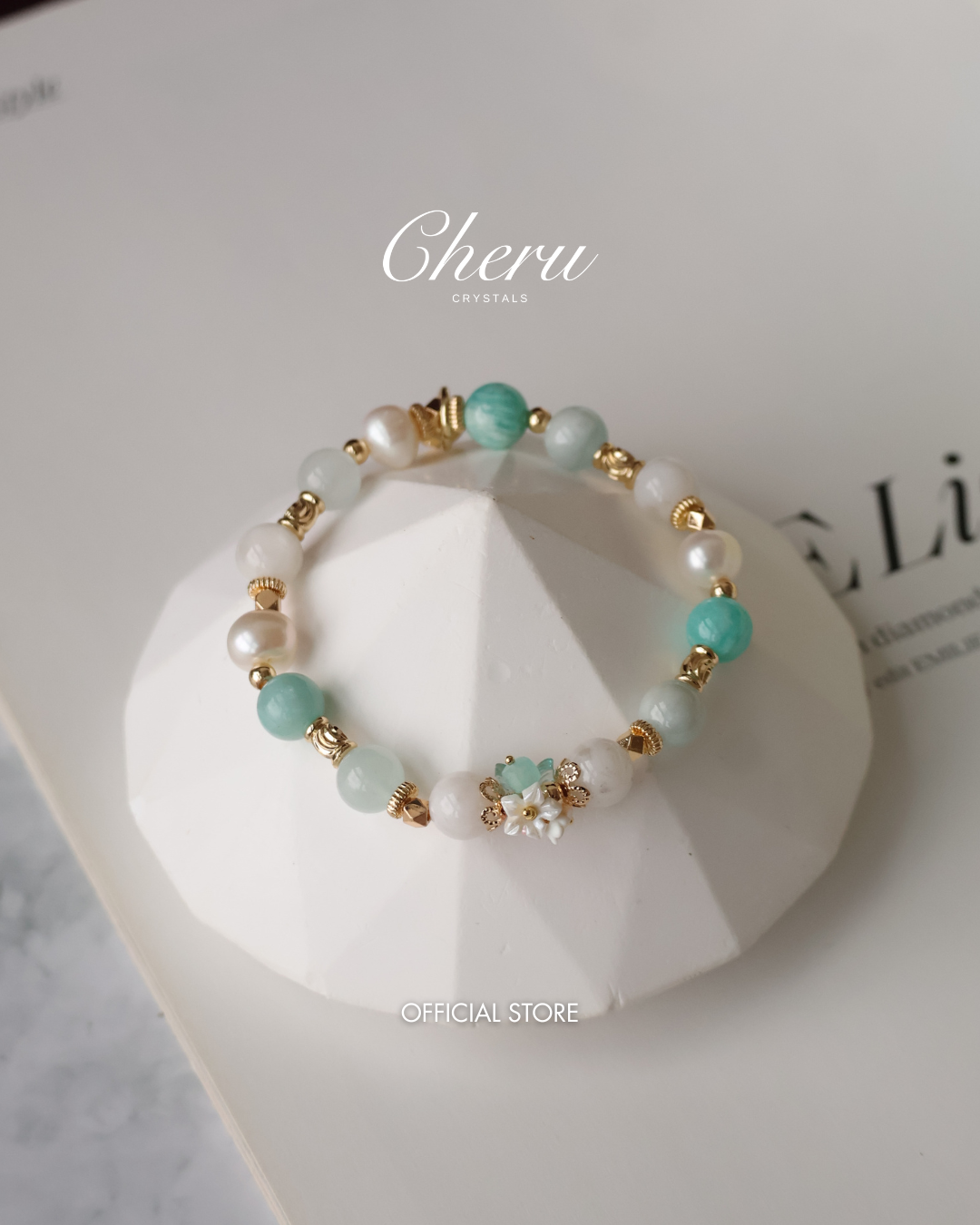 Amazonite, Freshwater Pearl, Aquamarine & Snow Garden Rose Quartz Crystal Bracelet ¡ª Freina | 8mm (Elastic)