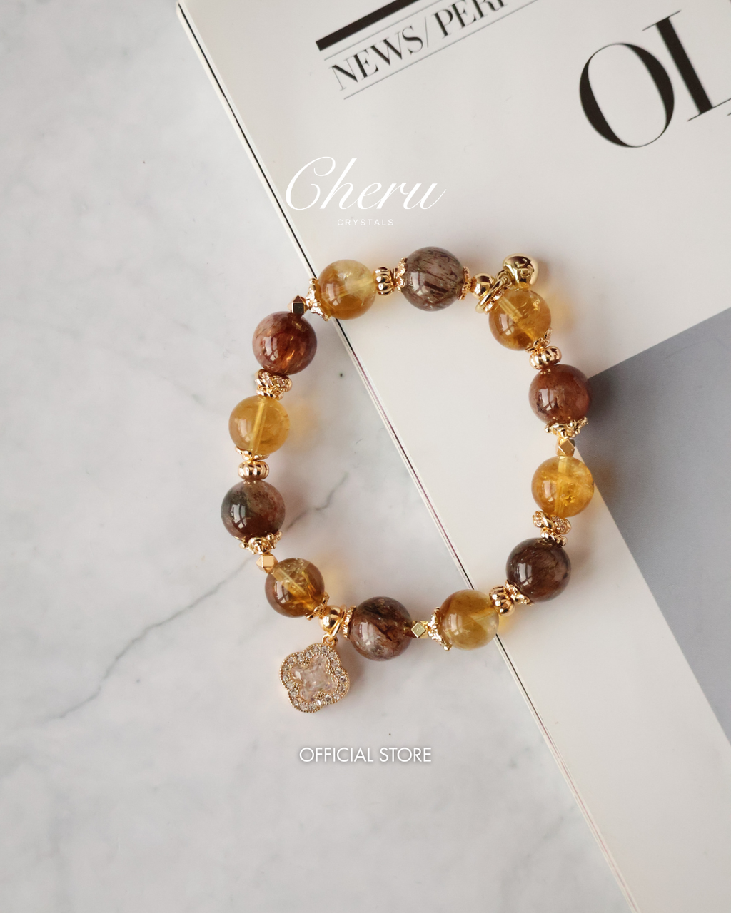 Citrine & Black Gold Super 7 Crystal Bracelet ¡ª Cordelia Twin Sparkly Clover | 8mm + 10mm (Elastic)