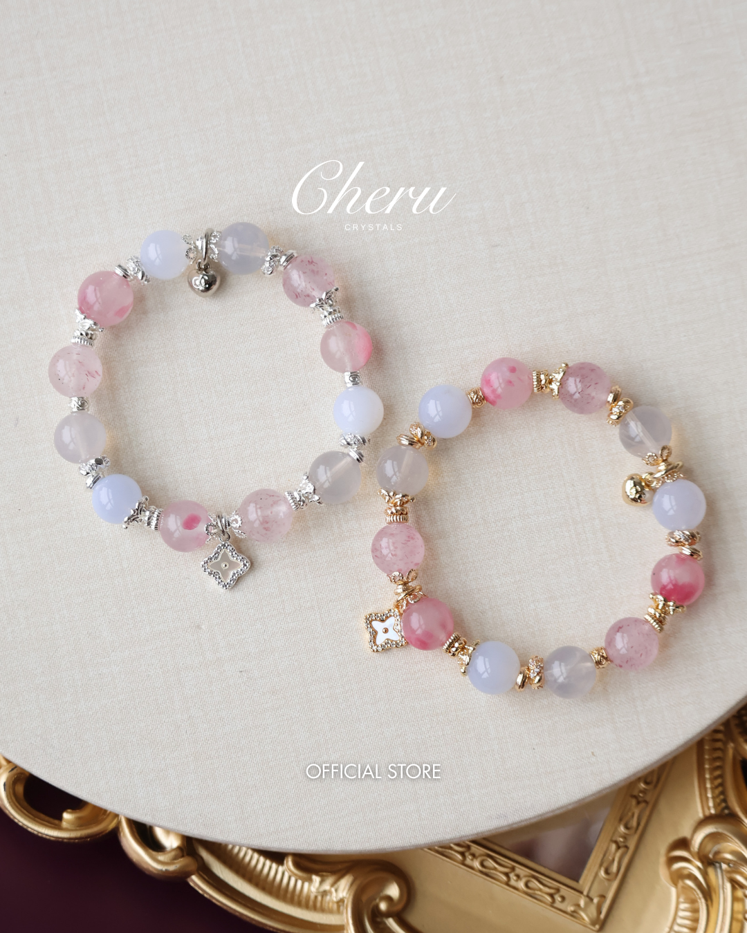 Strawberry Quartz, Blue Chalcedony, Rhodonite & Lavender Moon Quartz Crystal Bracelet with Clover Charm ¡ª The Luxe Edit | 10mm (Elastic)