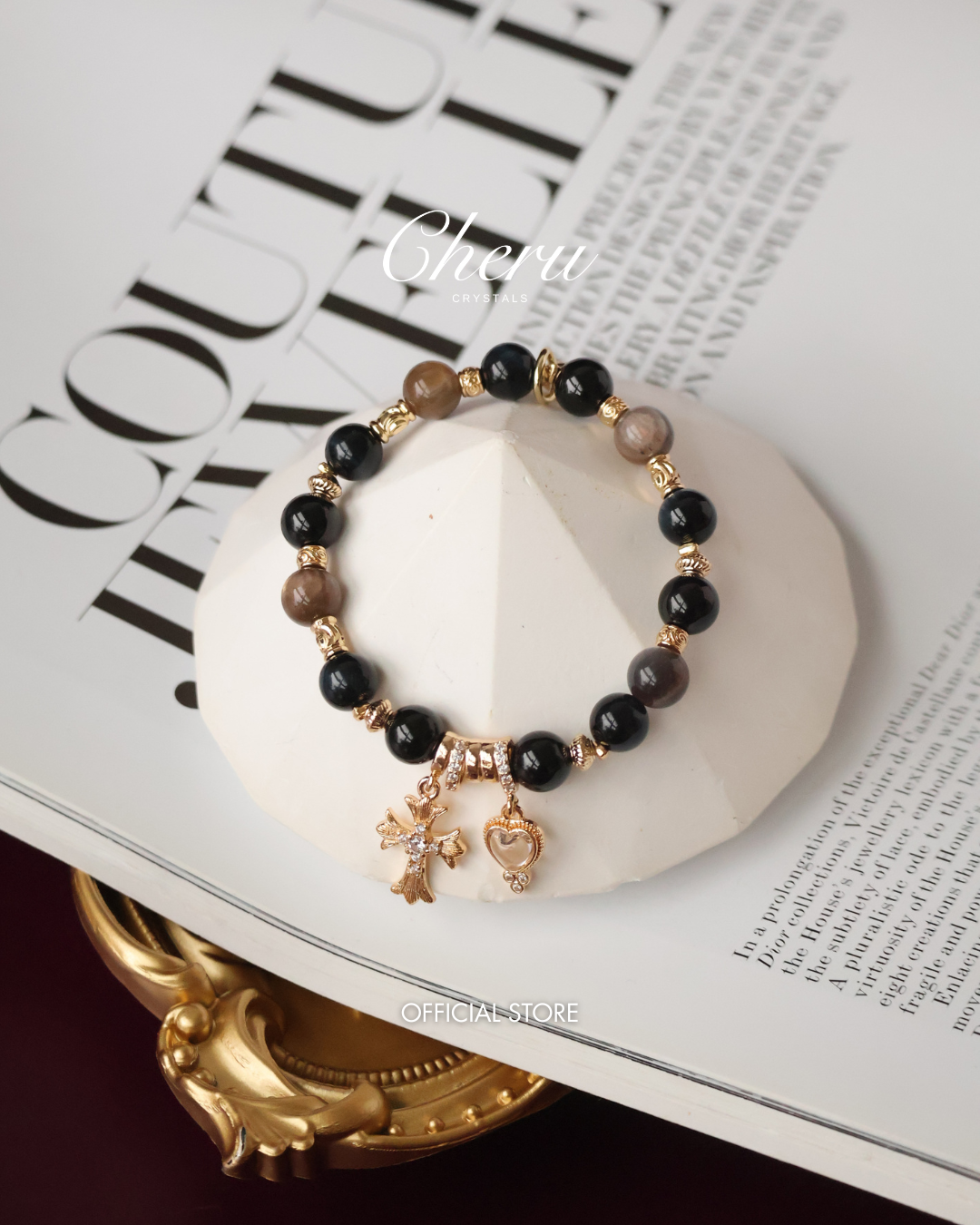 Black Tourmaline, Blue Tiger¡¯s Eye & Black Gold Skeletal Sunstone Crystal Bracelet ¡ª Cross x Heart | 8mm (Elastic)