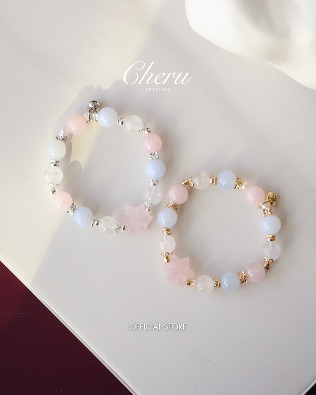 Blue Chalcedony, White Phantom Quartz & Rose Quartz Bracelet with Snowflake Carving¡ª Starley | 10mm (Elastic)