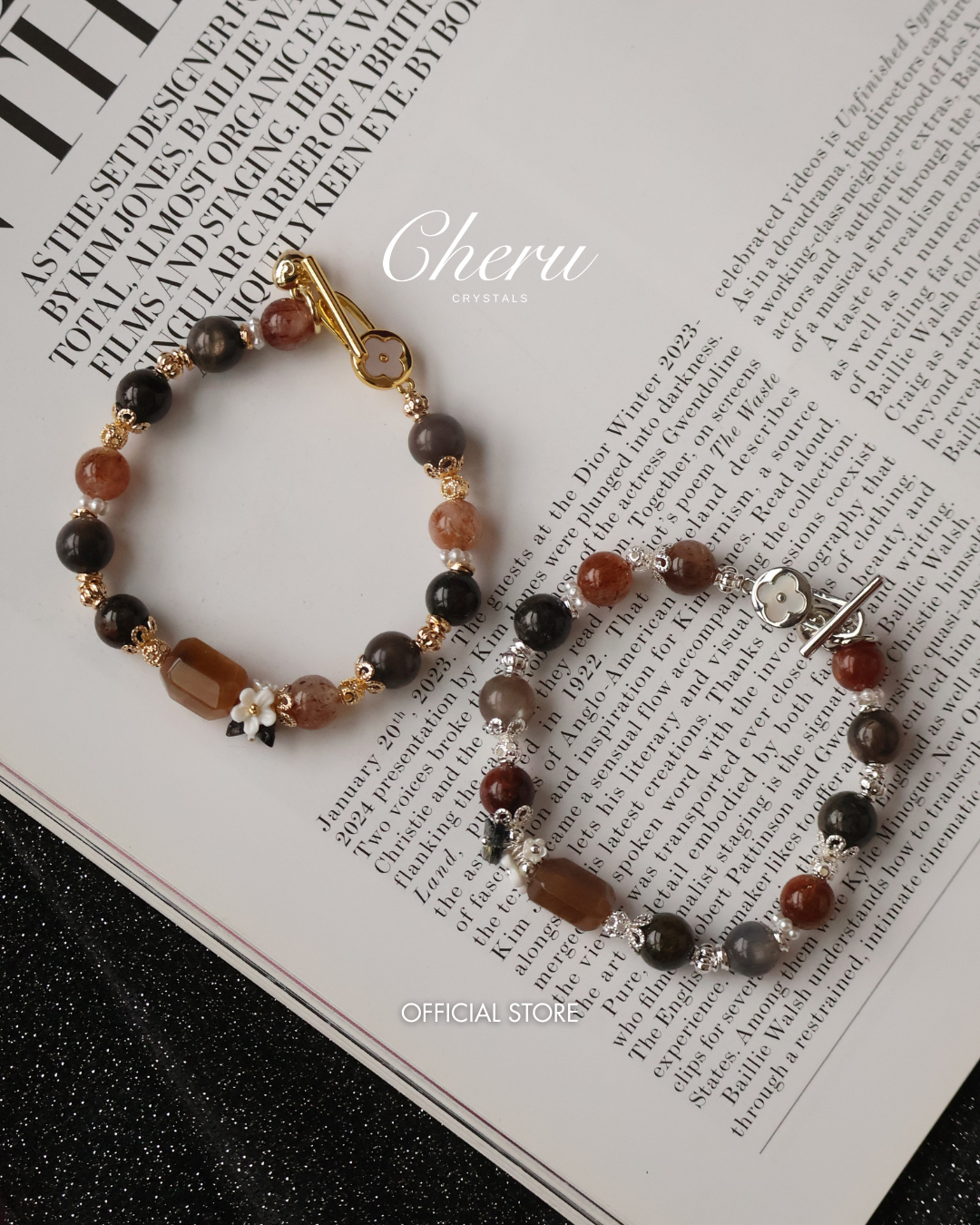 *Luna&Lithoss* Cocoa - 8mm Garden Quartz, Black Gold Skeletal Sunstone and Black Gold Super 7 w Bouquet & OT Clasp