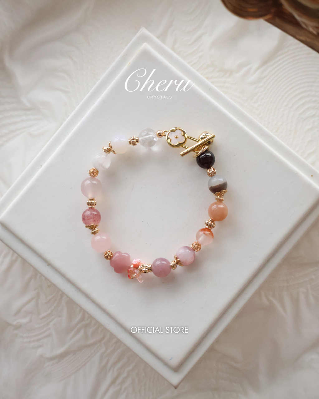 Guava Quartz Flower Carving Multigem Duobaao Crystal Bracelet ¡ª Choco Berry | 8mm (OT Clasp, Elastic)