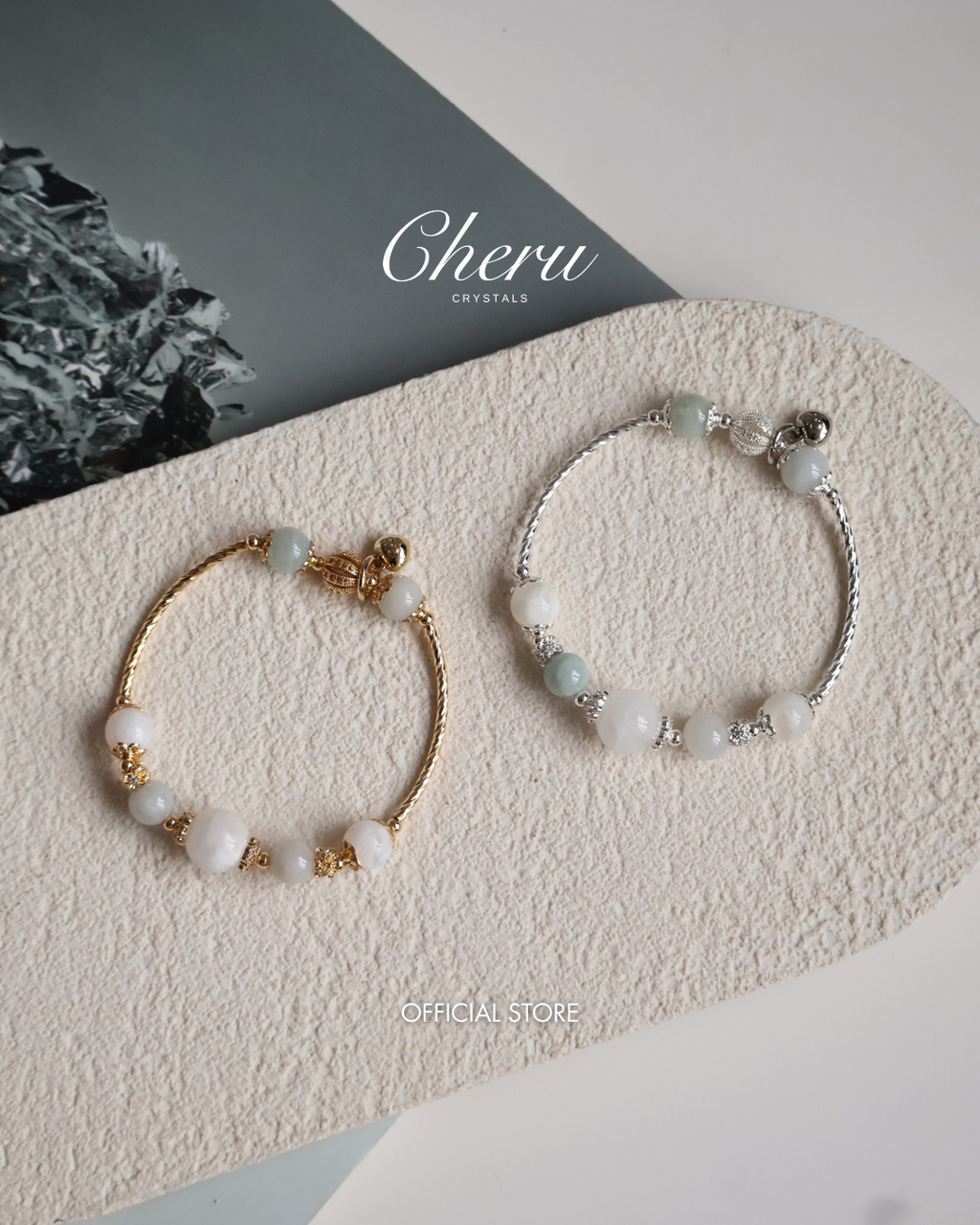 Green Jadeite & White Phantom Quartz Crystal Bracelet Bangle ¡ª Orianna Bangles Series | 8mm (Elastic)
