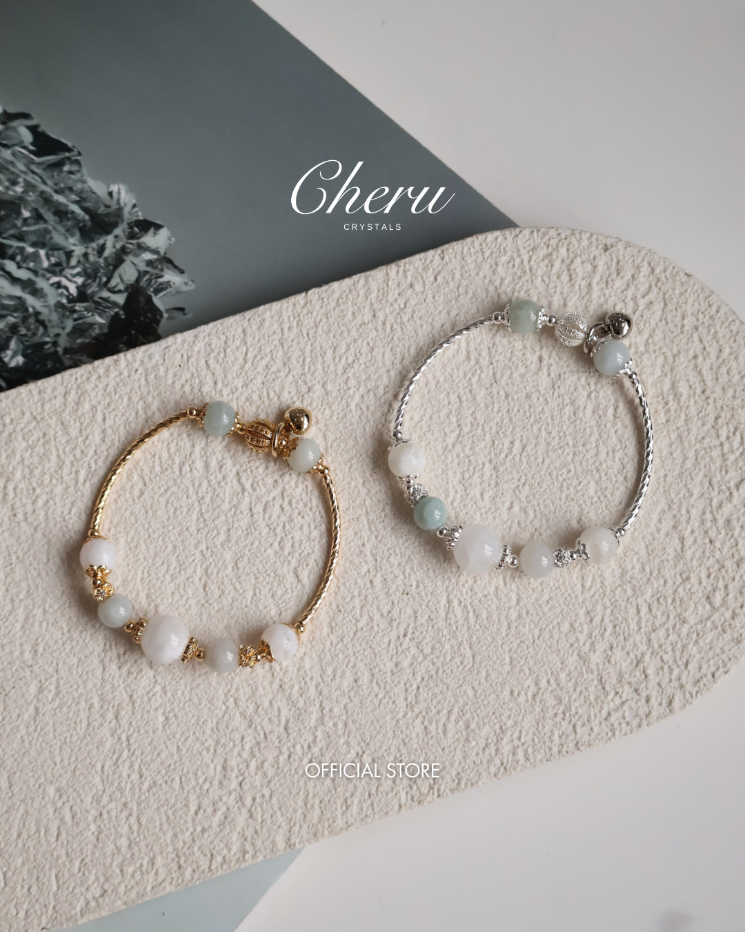 Green Jadeite & White Phantom Quartz Crystal Bracelet Bangle ¡ª Orianna Bangles Series | 8mm (Elastic)