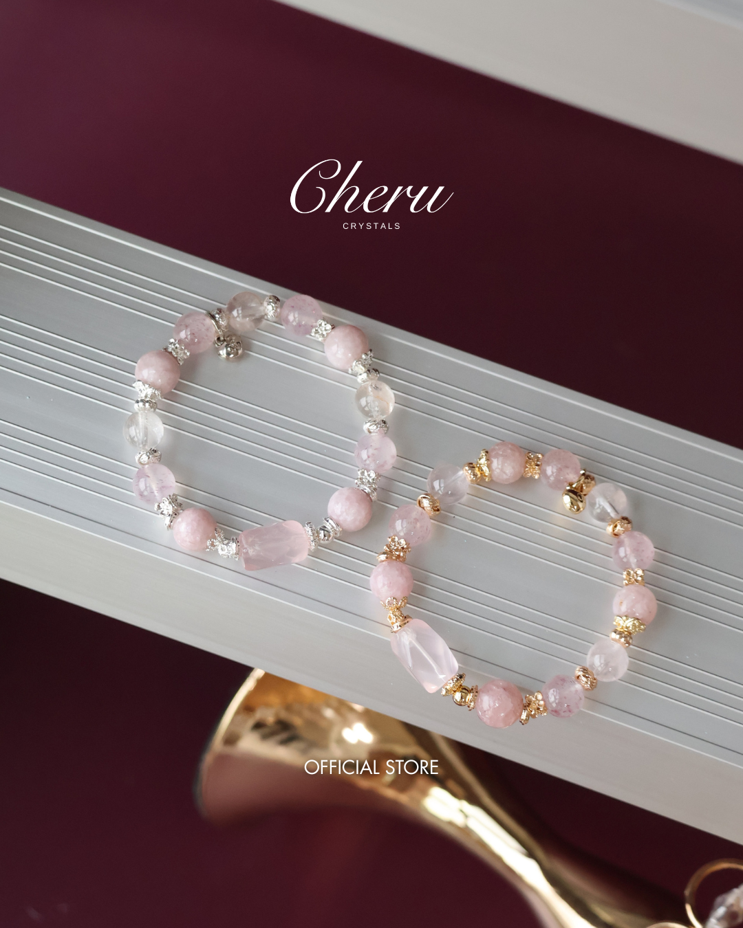 Pink Purple Emerald Mica, Strawberry Quartz & Rose Quartz Crystal Bracelet with Freeform ¡ª Ophelia | 10mm (Elastic)