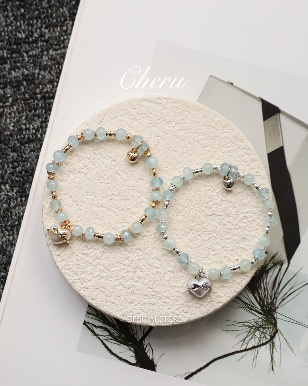 Blue Topaz & Aquamarine Crystal Bracelet with Heart Charm ¡ª Airi | 6mm (Elastic)