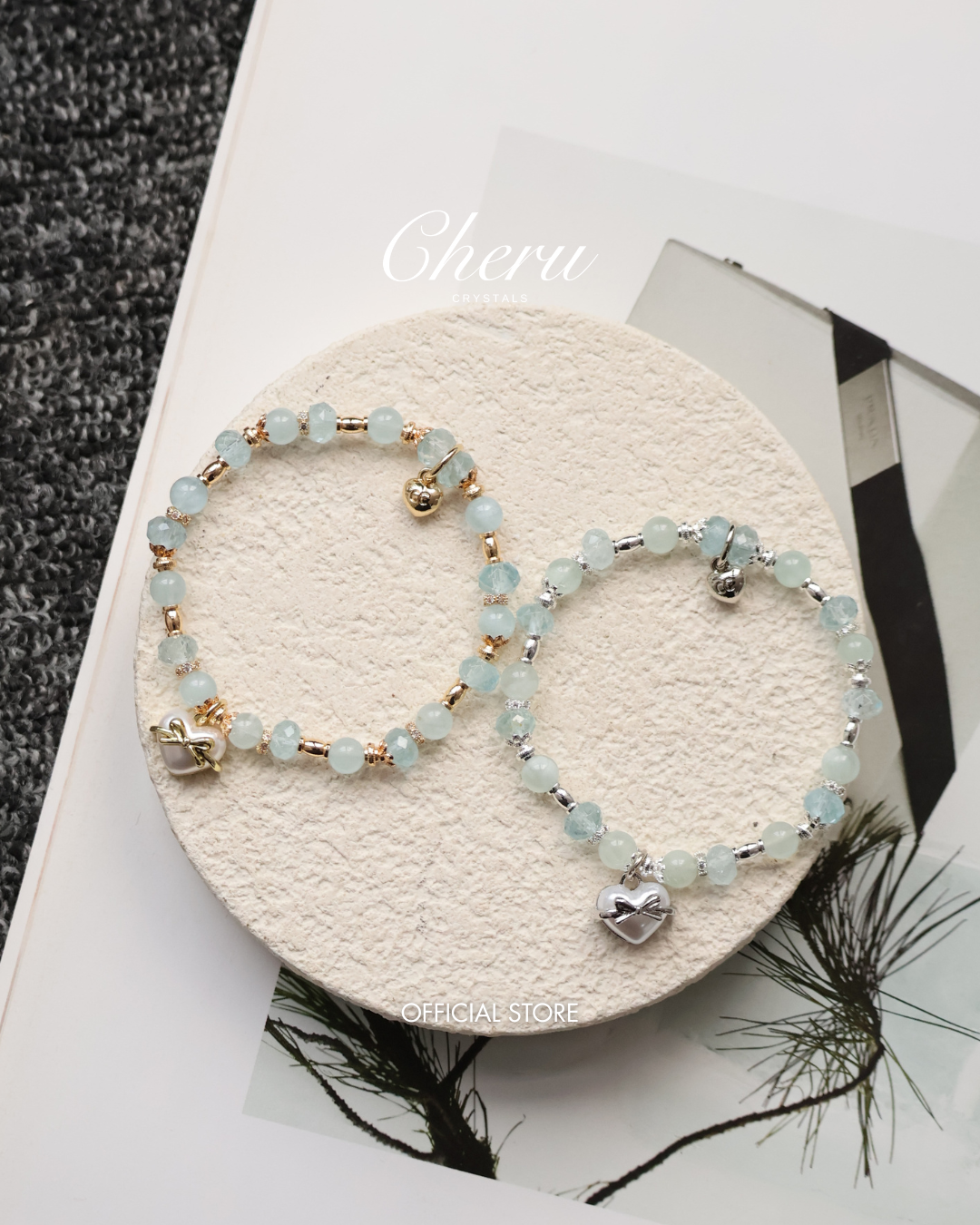 Blue Topaz & Aquamarine Crystal Bracelet with Heart Charm ¡ª Airi | 6mm (Elastic)