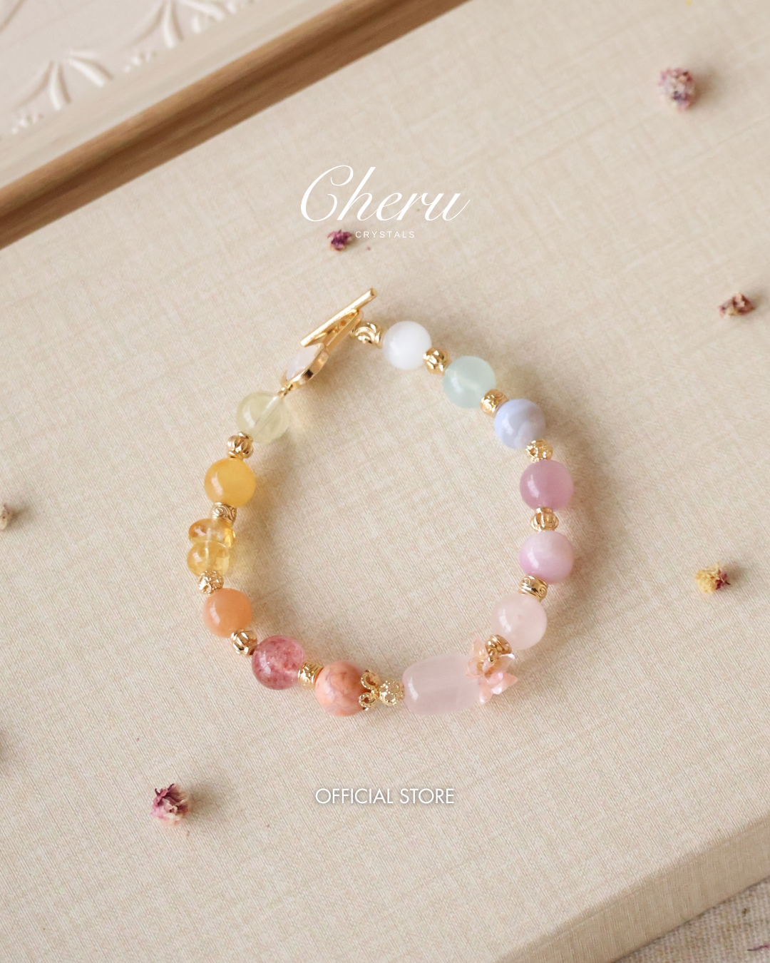 Cat¡¯s Eye, Blue Lace Agate, Aquamarine, Lavender Rose Quartz, Kunzite, Flower Agate, Rose Quartz, Peach Moonstone, Strawberry Quartz, Citrine, Andesine Labradorite & Lemon Quartz ¡ª Bloomelle Duobao (Multi Gems) | 8mm (Elastic, OT Clasp)