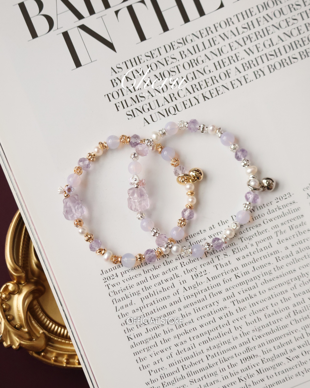 *Luna&Lithoss* Ameliora - 6mm Nine Tail Fox Amythest Carving with Fresh Water Pearl (Elastic)
