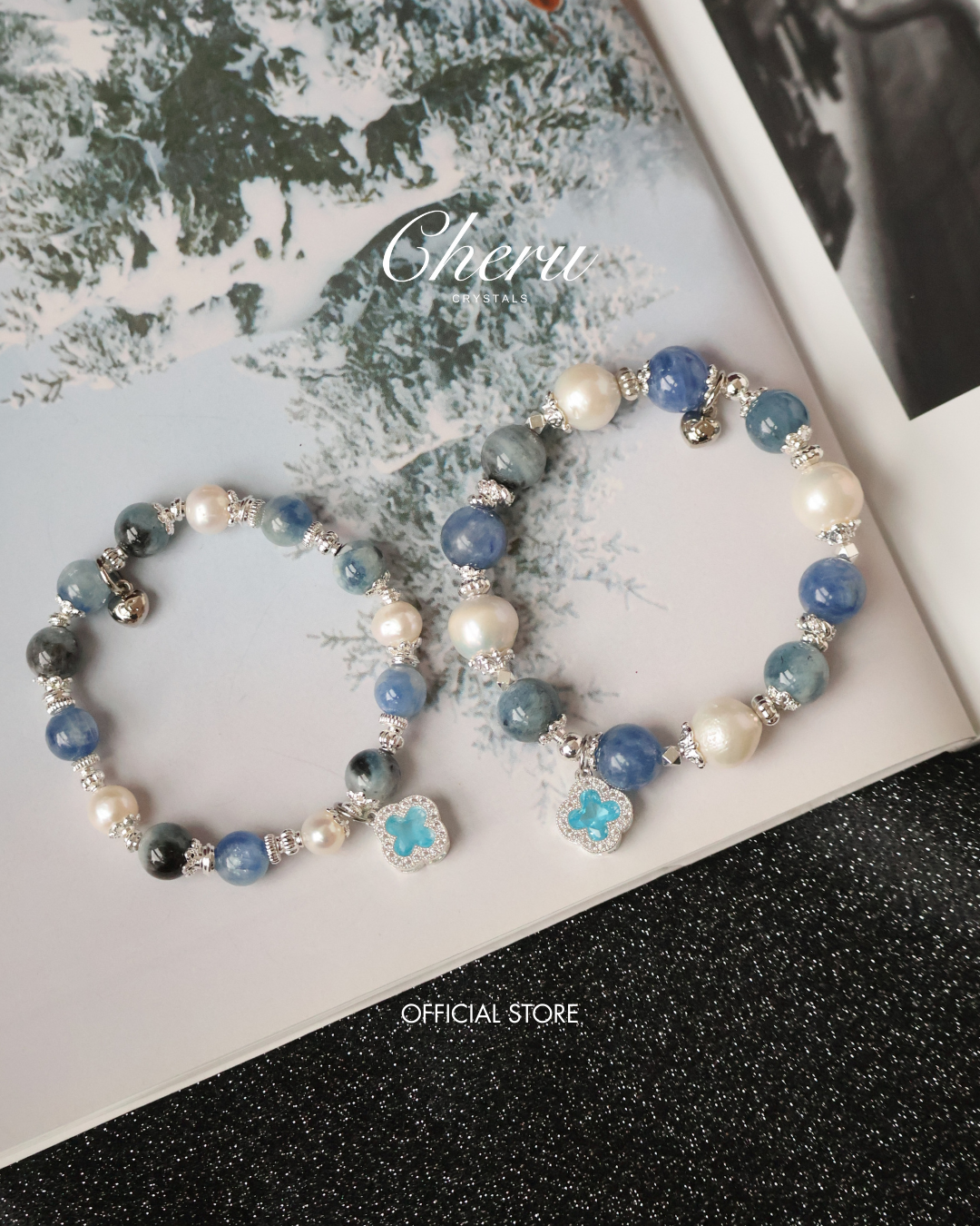 *Luna&Lithoss* 8+10mm Cordelia Twin with Sparkly Clover: Blue Kyanite, Fresh Water Pearls & Devil Eye Aquamarine
