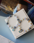Blue Chalcedony, Aquamarine & Blue Rabbit Hair Crystal Bracelet ¡ª Cordelia Twin Sparkly Clover | 8mm + 10mm (Elastic)