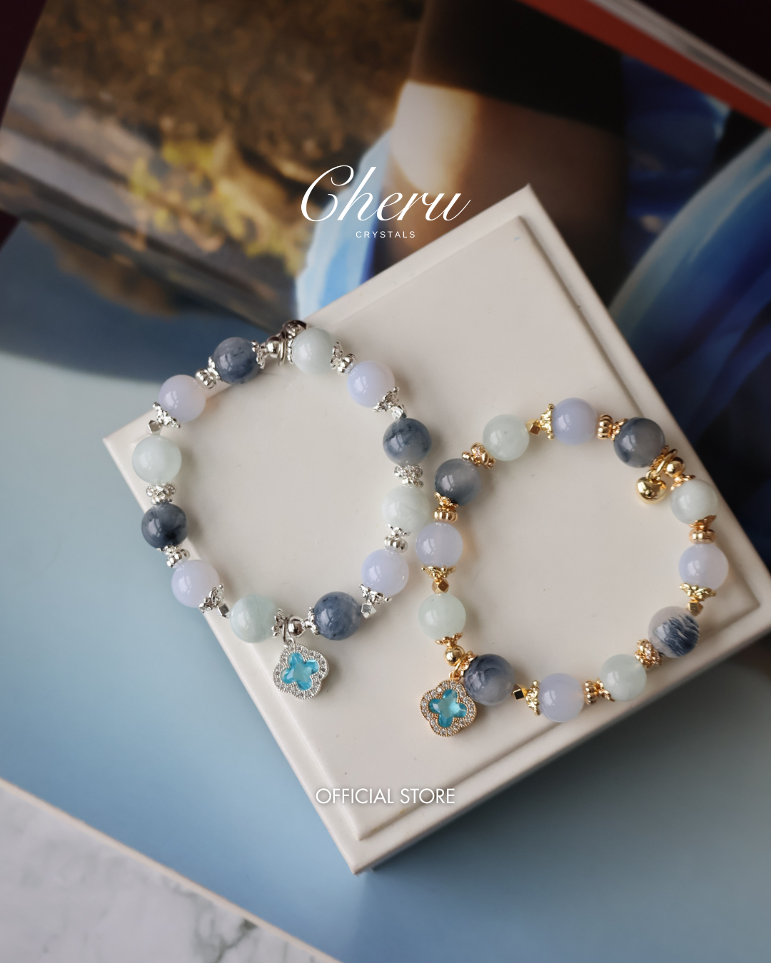 Blue Chalcedony, Aquamarine & Blue Rabbit Hair Crystal Bracelet ¡ª Cordelia Twin Sparkly Clover | 8mm + 10mm (Elastic)