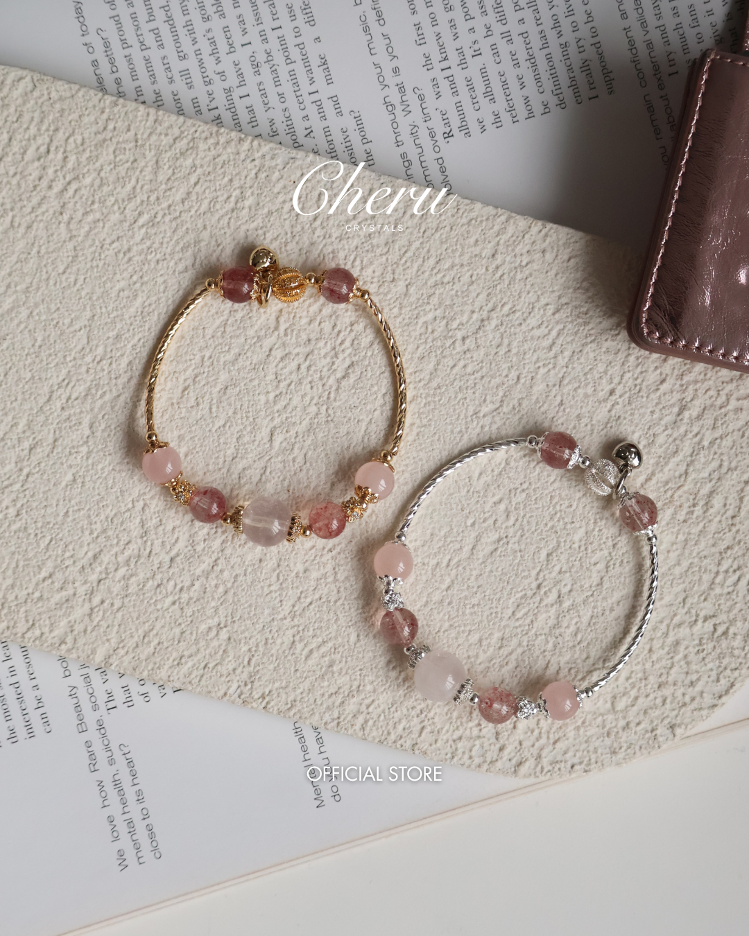 Strawberry Quartz & Rose Quartz Crystal Bracelet Bangle ¡ª Orianna Bangles Series | 8mm (Elastic)