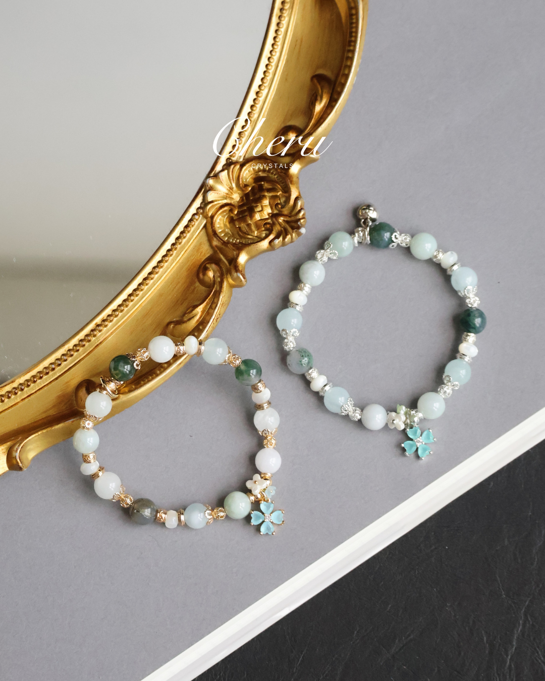 Aquamarine, White Conch, Green Jadeite & Moss Agate with Flower Charm ¡ª Mariselle | 8mm (Elastic)