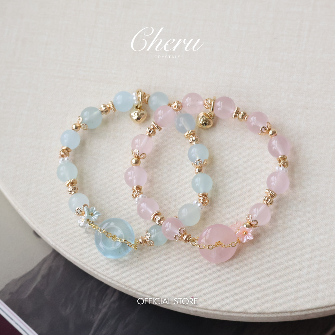 Aquamarine & Rose Quartz Ping An Kou with Bouquet ¡ª Erilyn & Annelina | 8mm (Elastic)