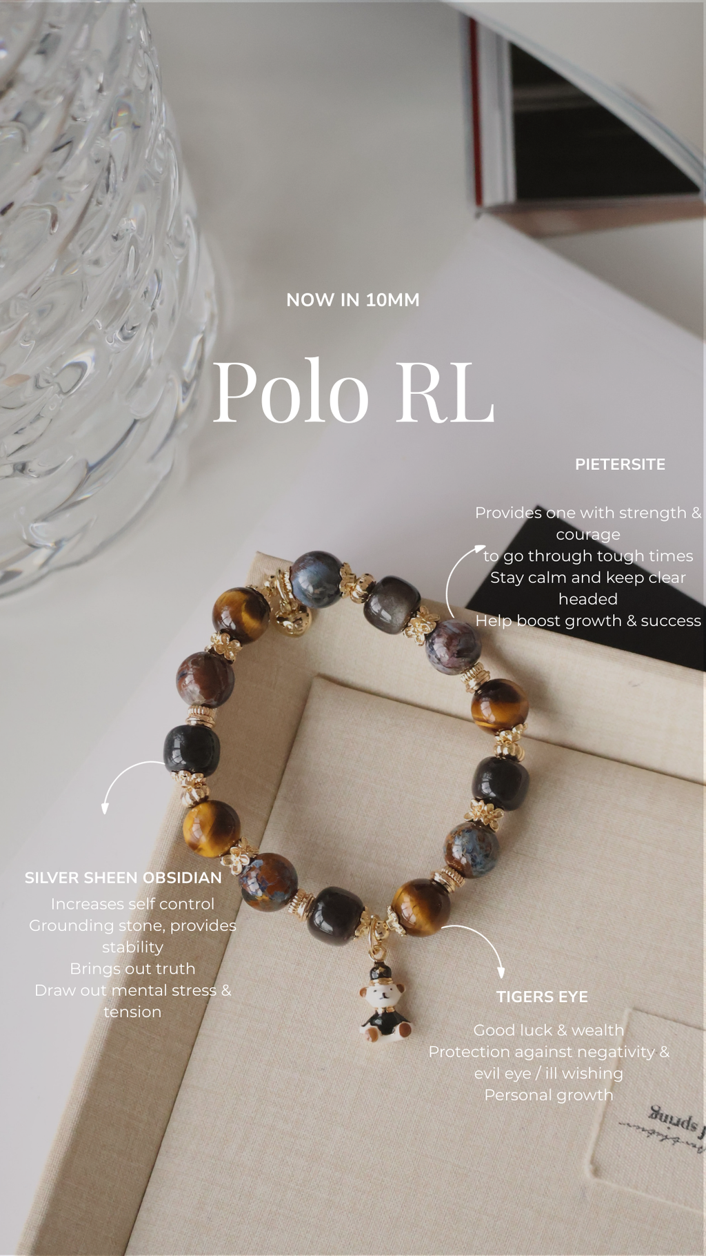 Pietersite, Silver Sheen Obsidian, Devil Blue Aquamarine, Moonstone & Tiger¡¯s Eye Crystal Bracelet ¡ª Polo RL | 6mm / 8mm / 10mm (Elastic)