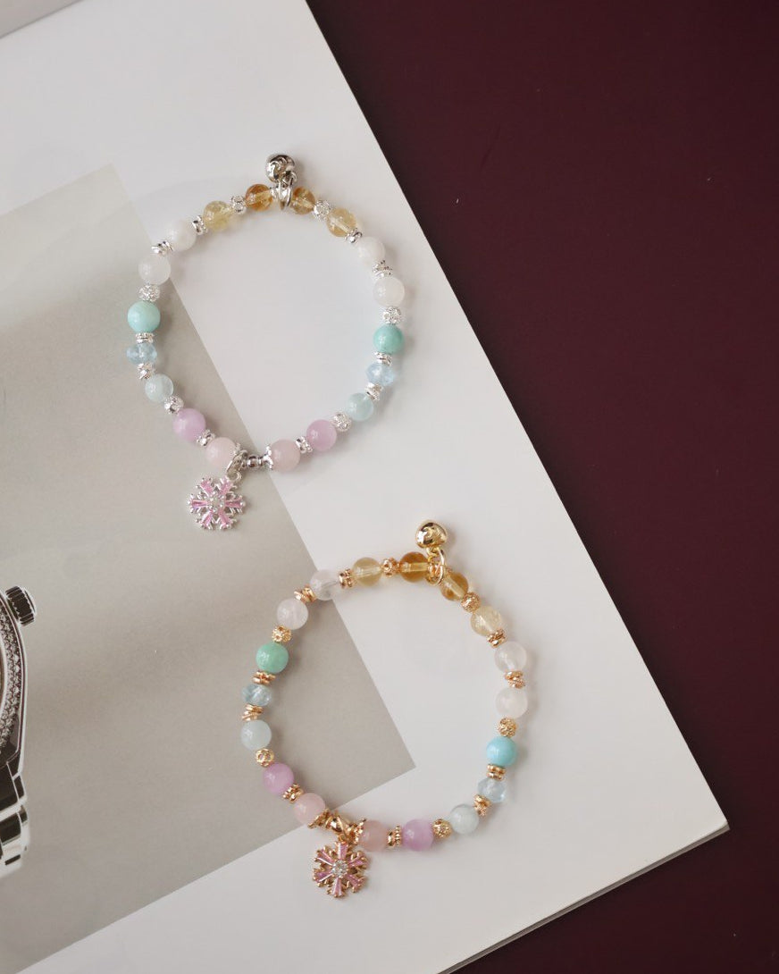 Aquamarine, Blue Topaz, Rose Quartz, Kunzite, White Phantom Quartz, Citrine & Moonstone ¡ª Eira Pastel Duobao Bracelet with Snowflake Charm | 6mm (Elastic)