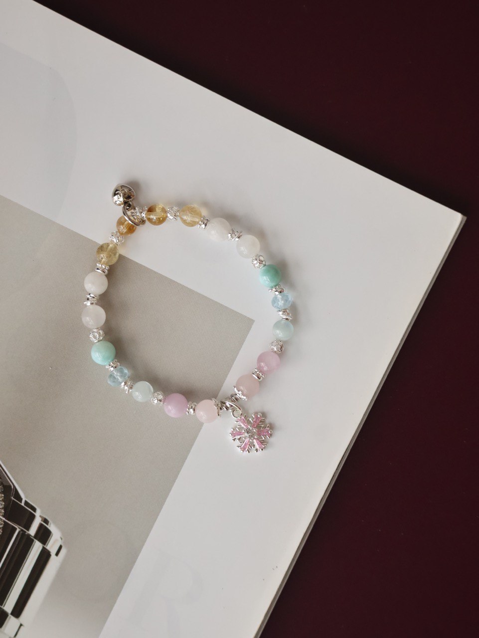 Aquamarine, Blue Topaz, Rose Quartz, Kunzite, White Phantom Quartz, Citrine & Moonstone ¡ª Eira Pastel Duobao Bracelet with Snowflake Charm | 6mm (Elastic)