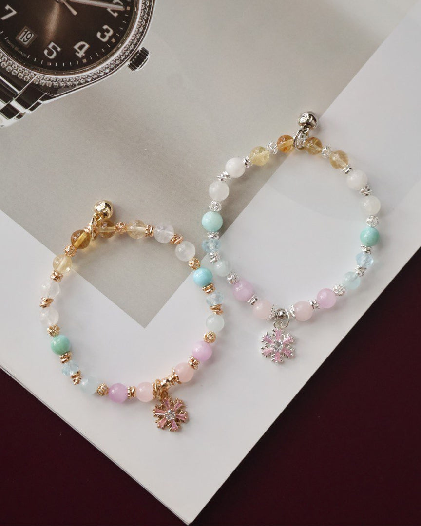 Aquamarine, Blue Topaz, Rose Quartz, Kunzite, White Phantom Quartz, Citrine & Moonstone ¡ª Eira Pastel Duobao Bracelet with Snowflake Charm | 6mm (Elastic)